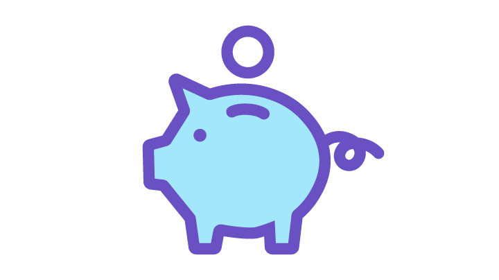 Light blue and purple icon of a piggy bank with a coin going into it
