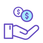 Purple icon of an open hand with dollar signs above, illustrating cost
