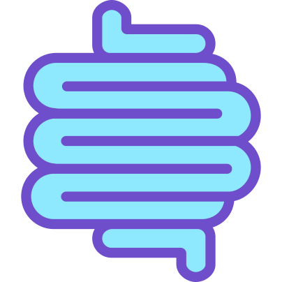 Light blue and purple icon of winding intestines