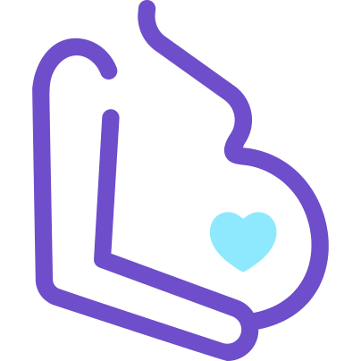 Purple icon of a belly with a light blue heart in the middle, illustrating pregnancy