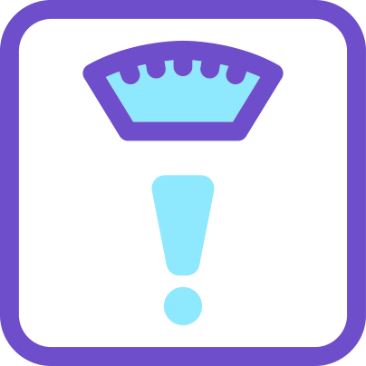 Light blue and purple icon of a scale with an exclamation point on it