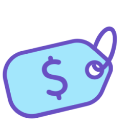 Light blue and purple price tag icon with a dollar sign in the middle