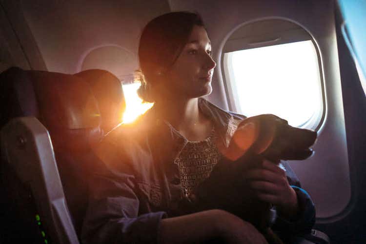 Dog and woman travelling on a plane at sunset